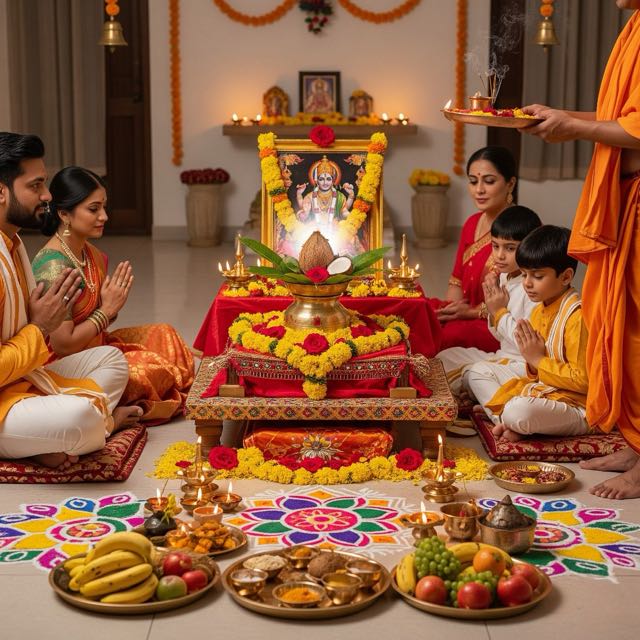 Satyanarayana Puja set up at home with kalash, flowers and prasad