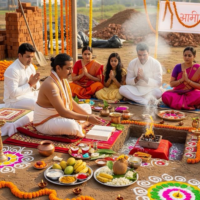 Bhoomi Puja at a construction site with kalash and flowers
