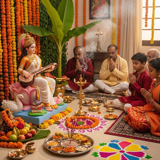 Saraswati puja with books and veena