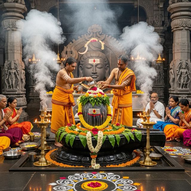 Rudrabhishekam on a Shivalinga with milk and bilva leaves