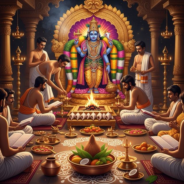 Vishnu Sahasranama puja for Ekadashi with tulasi and lamps