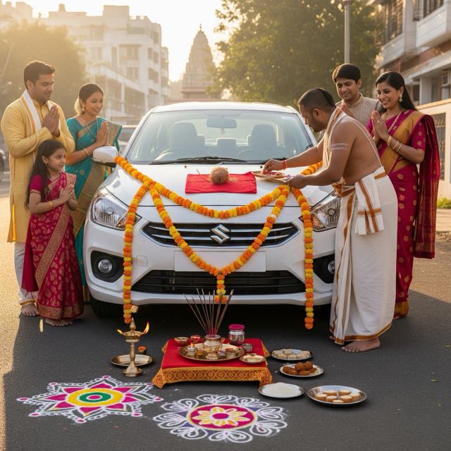 New vehicle decorated with flowers for Vahana Puja