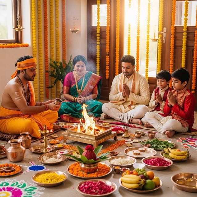 Vastu Shanti and Griha Pravesh puja arrangement in a new home