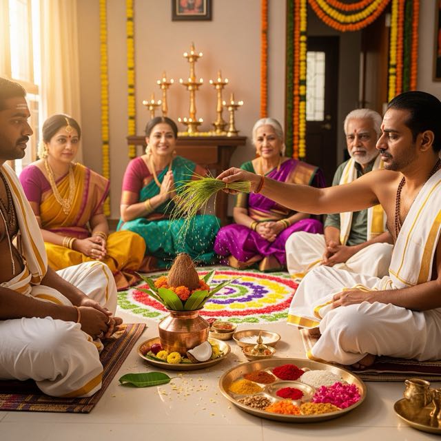 Pandit performing Punyahavachanam at a family puja