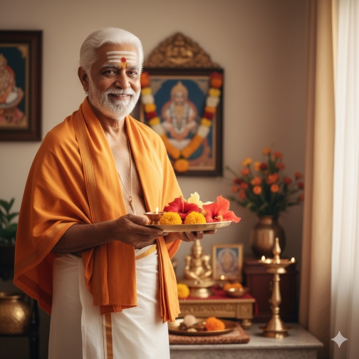 Family puja arrangement at home